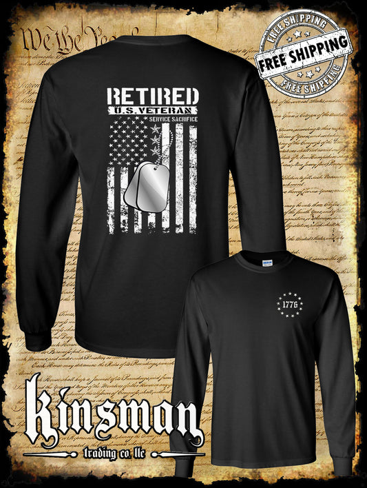 Retired US Veteran 2-Sided Long Sleeve T-Shirt United States Military Army Marines USA
