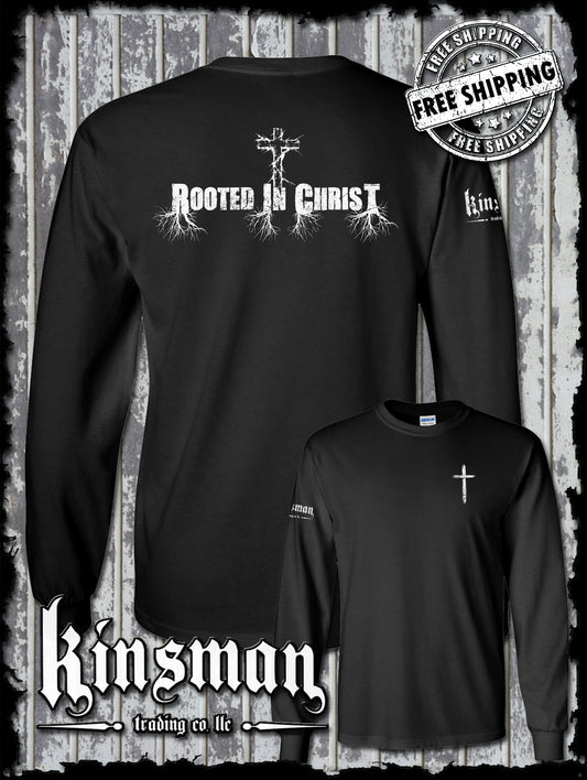 Rooted In Christ 2-Sided Long Sleeve T-Shirt - Jesus Christian Catholic God Bible Faith Cross