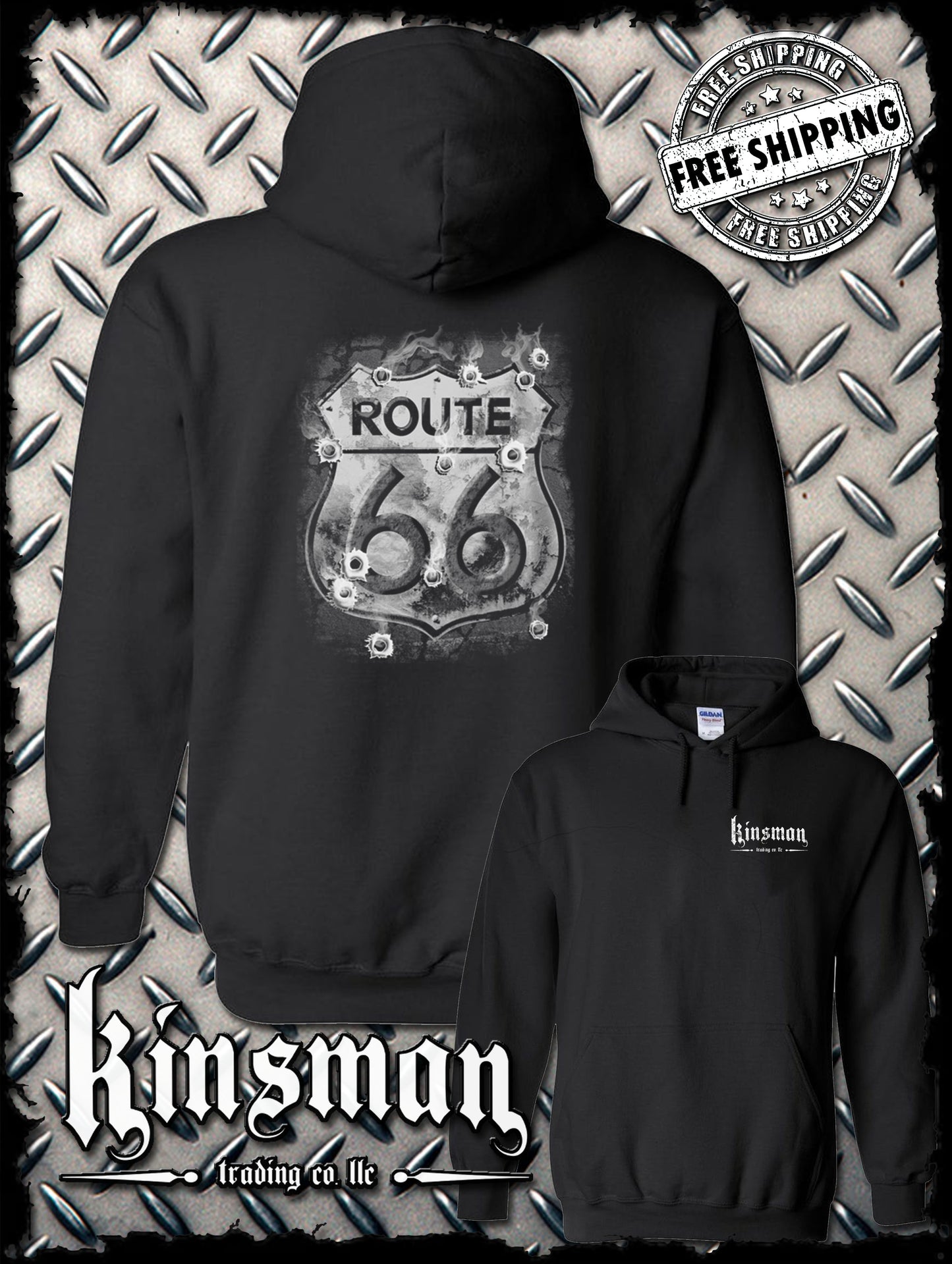 Route 66 2-Sided Hoodie Sweatshirt - Smoking Sign with Bullet Holes