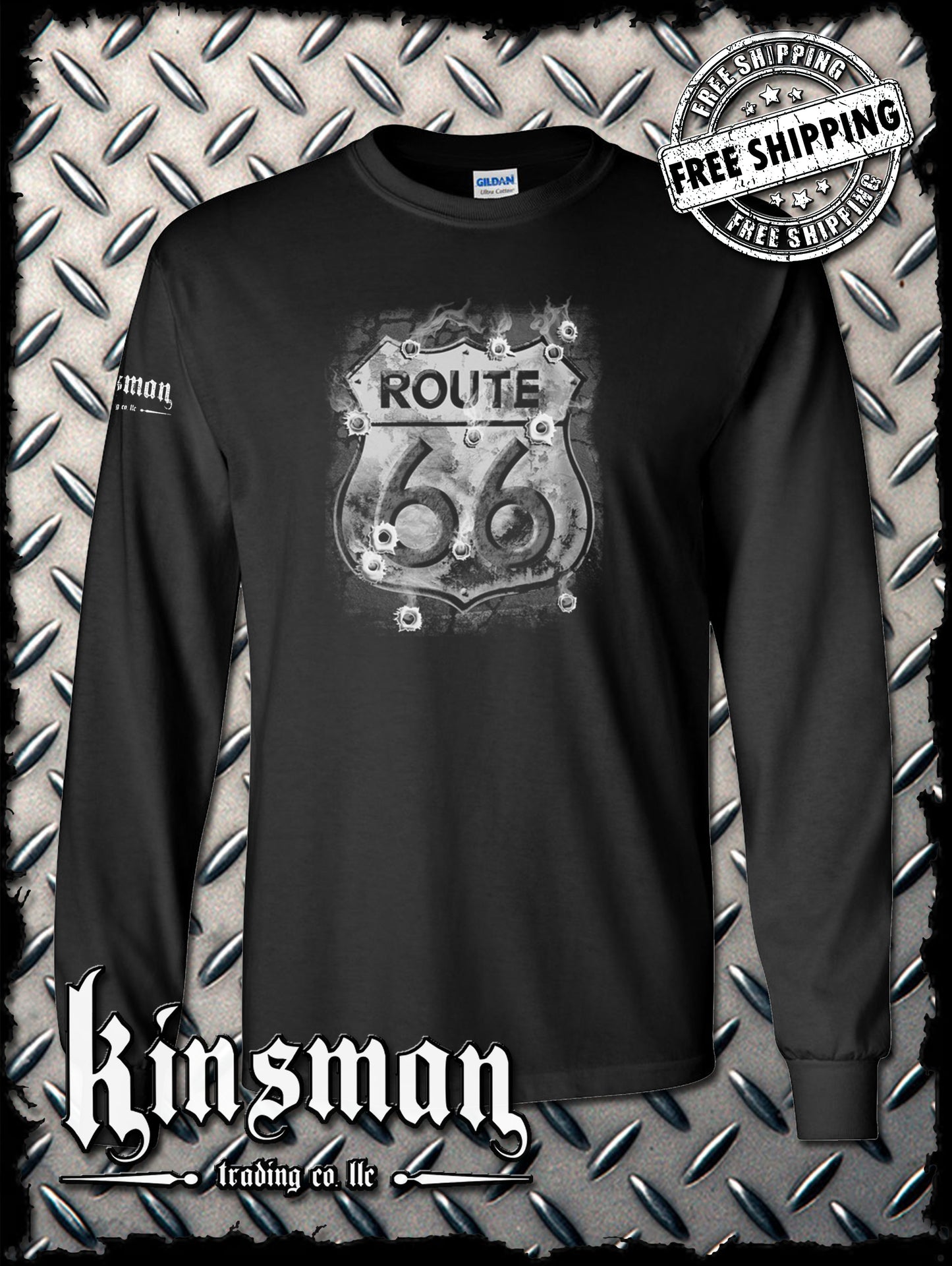 Route 66 Long Sleeve T-Shirt - Smoking Sign with Bullet Holes