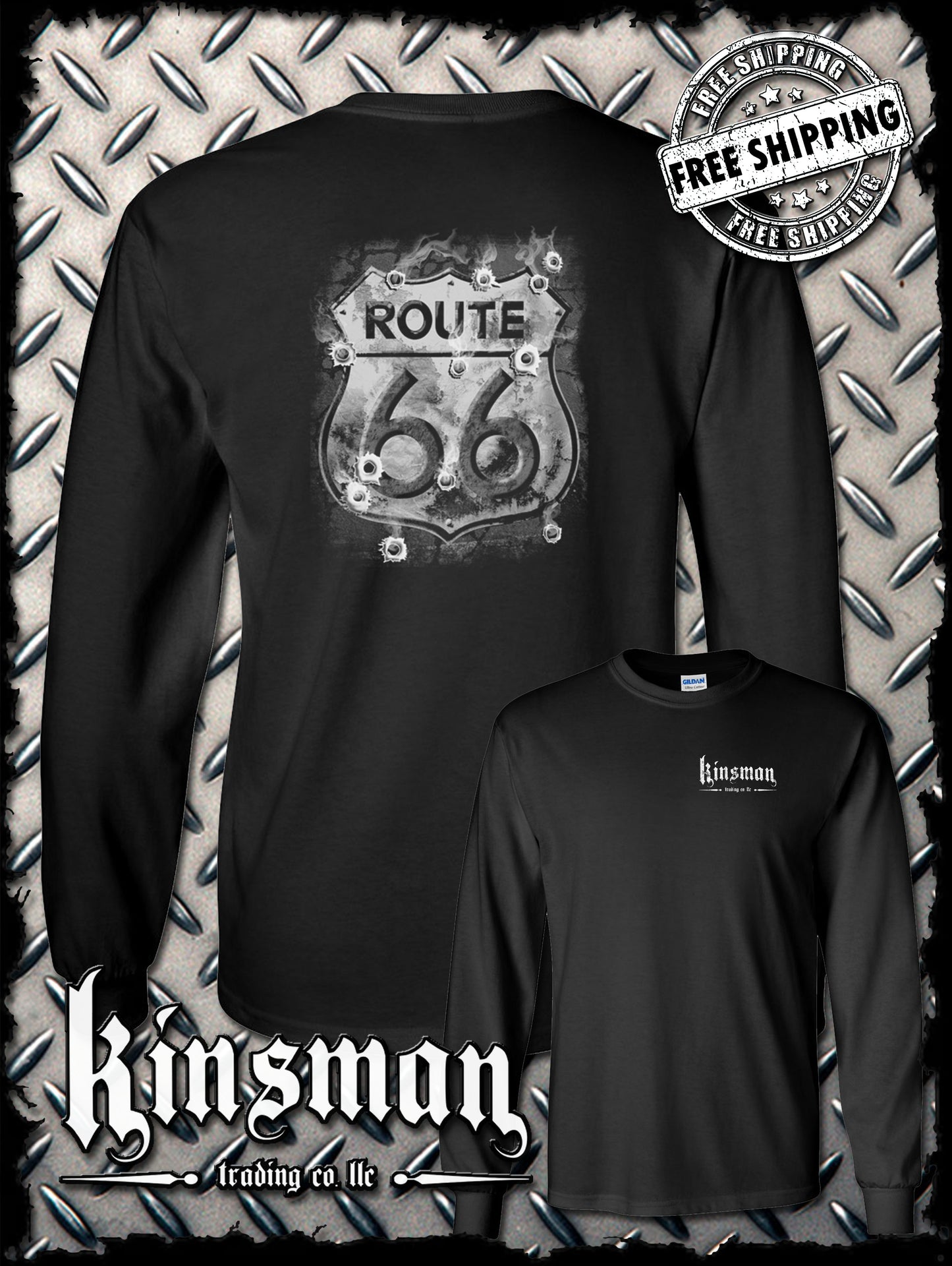 Route 66 Long Sleeve 2-Sided T-Shirt - Smoking Sign with Bullet Holes