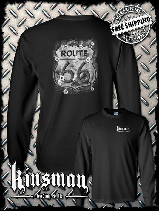 Route 66 Long Sleeve 2-Sided T-Shirt - Smoking Sign with Bullet Holes