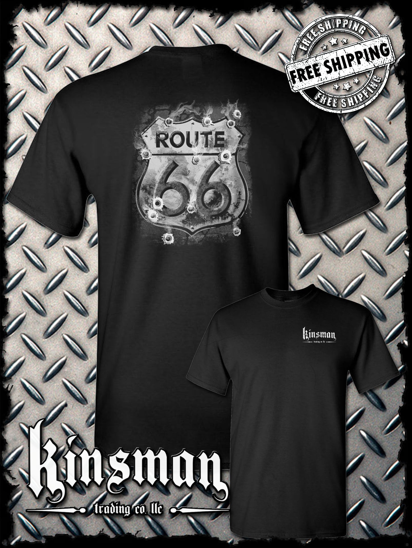 Route 66 2-Sided T-Shirt - Smoking Sign with Bullet Holes