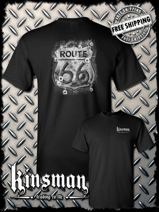 Route 66 2-Sided T-Shirt - Smoking Sign with Bullet Holes