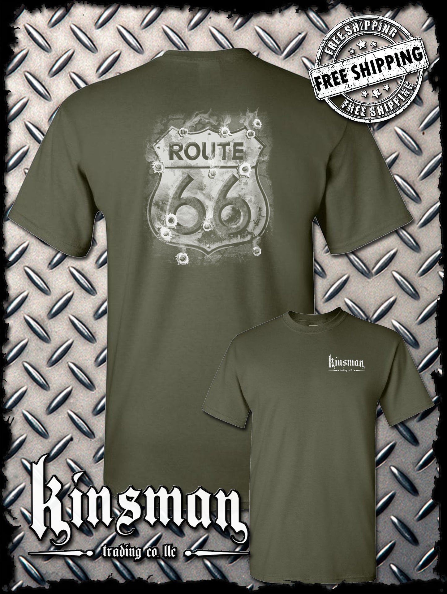 Route 66 2-Sided T-Shirt - Smoking Sign with Bullet Holes