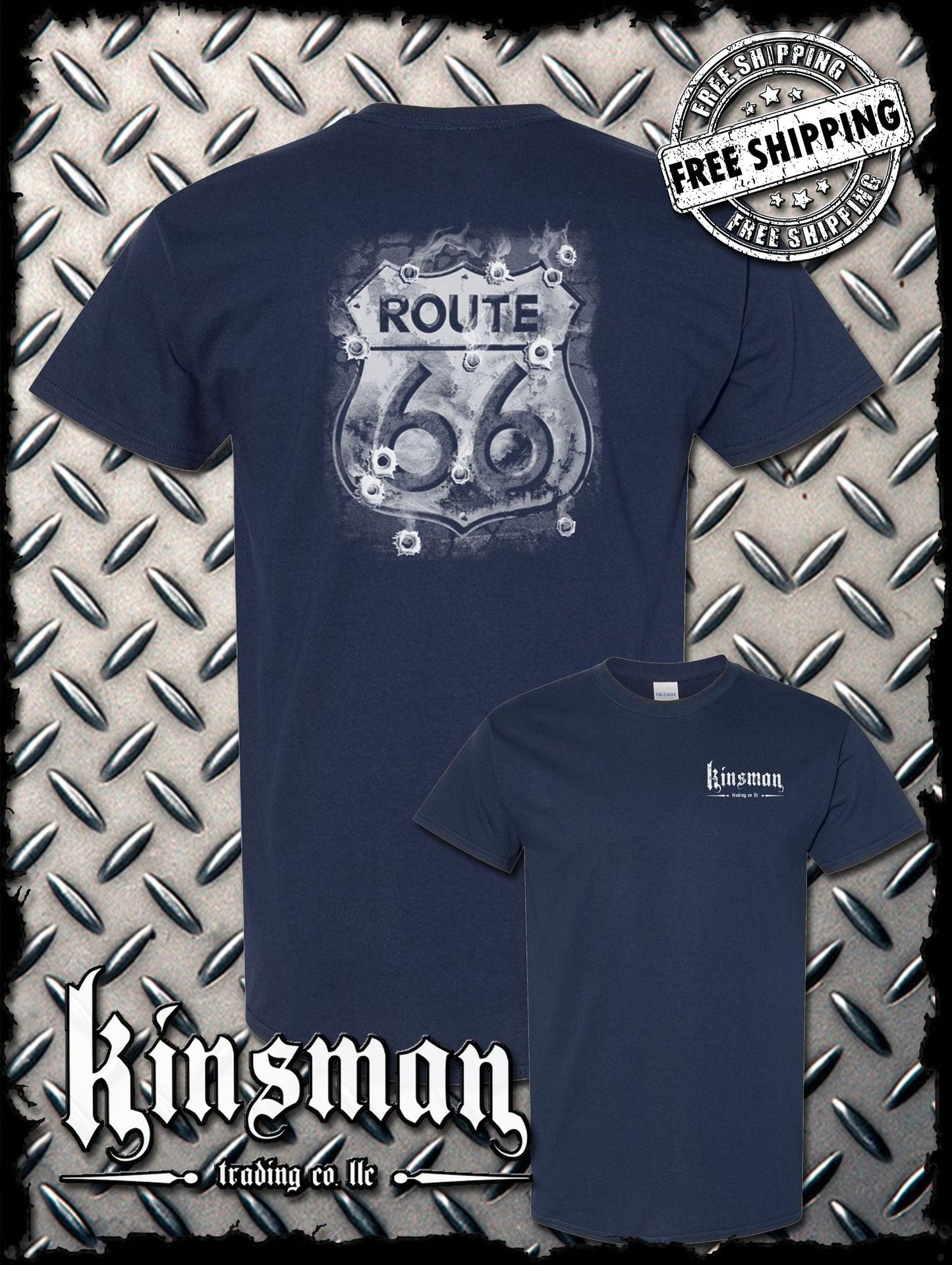 Route 66 2-Sided T-Shirt - Smoking Sign with Bullet Holes