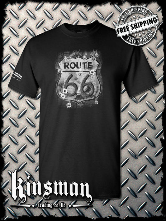 Route 66 T-Shirt - Smoking Sign with Bullet Holes