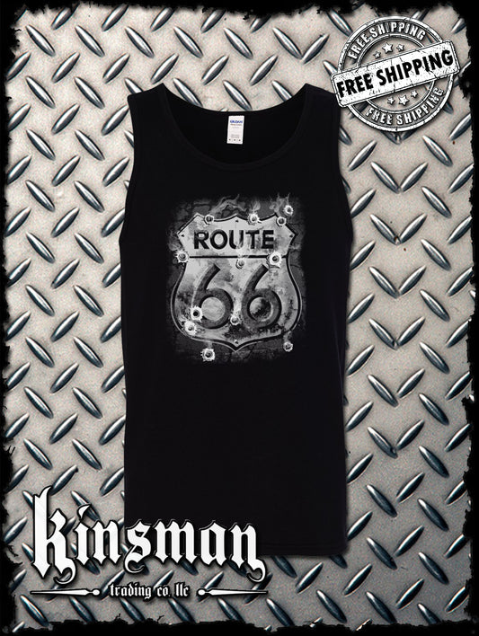 Route 66 Tank Top T-Shirt - Smoking Sign with Bullet Holes