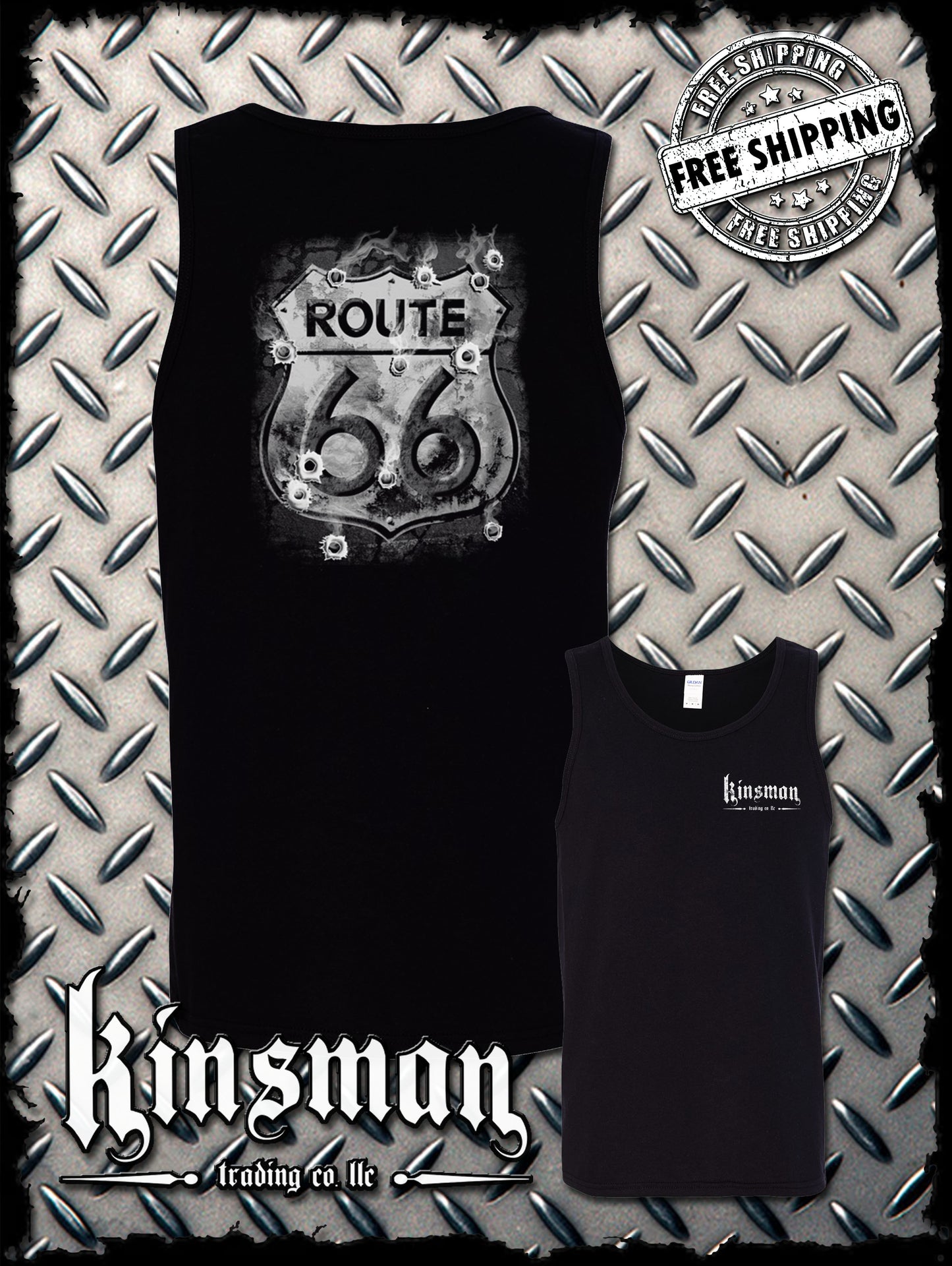 Route 66 2-Sided Tank Top T-Shirt - Smoking Sign with Bullet Holes