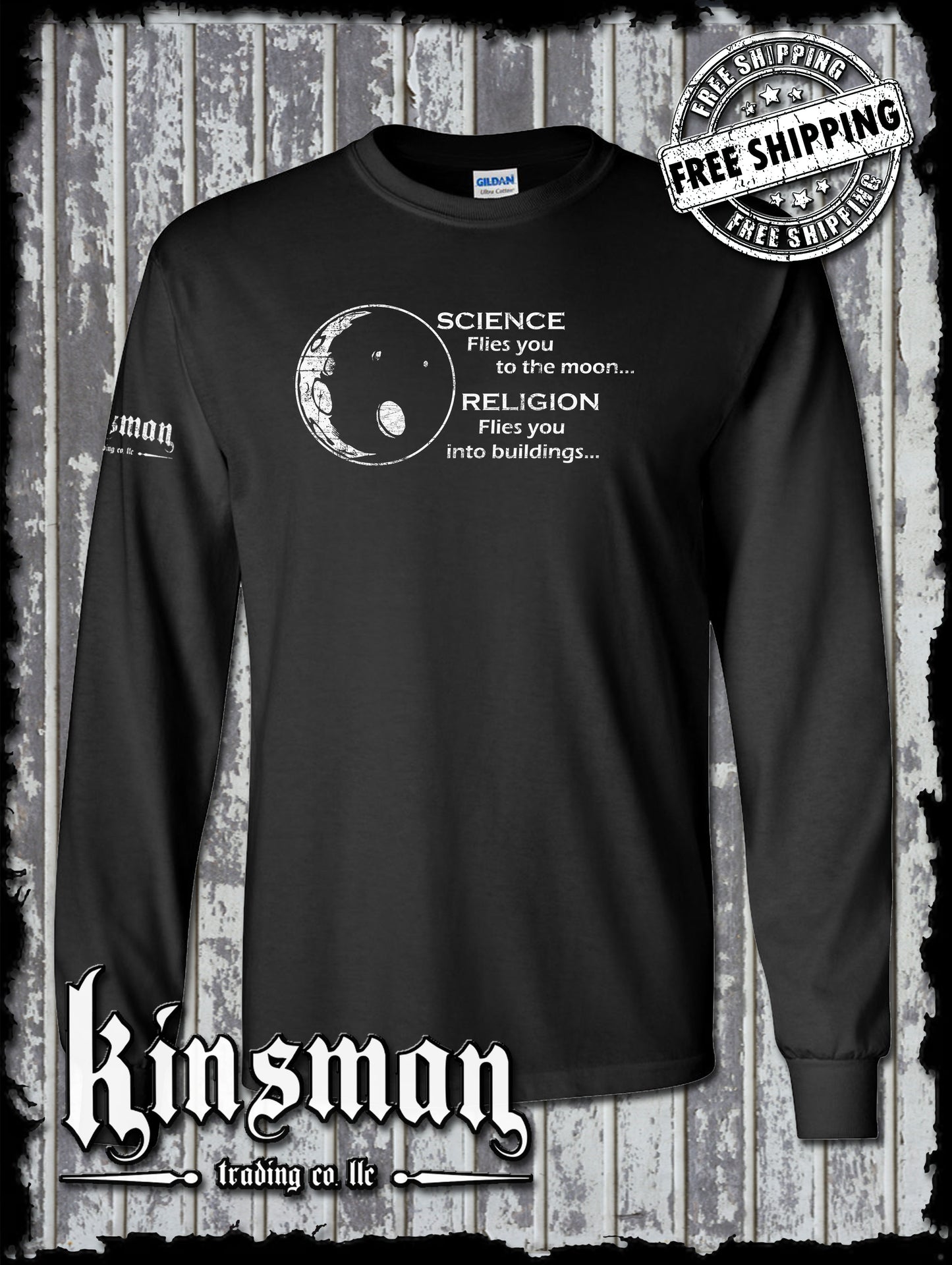 Science Flies You To The Moon Religion Into Buildings Long Sleeve T-Shirt - Atheist Agnostic