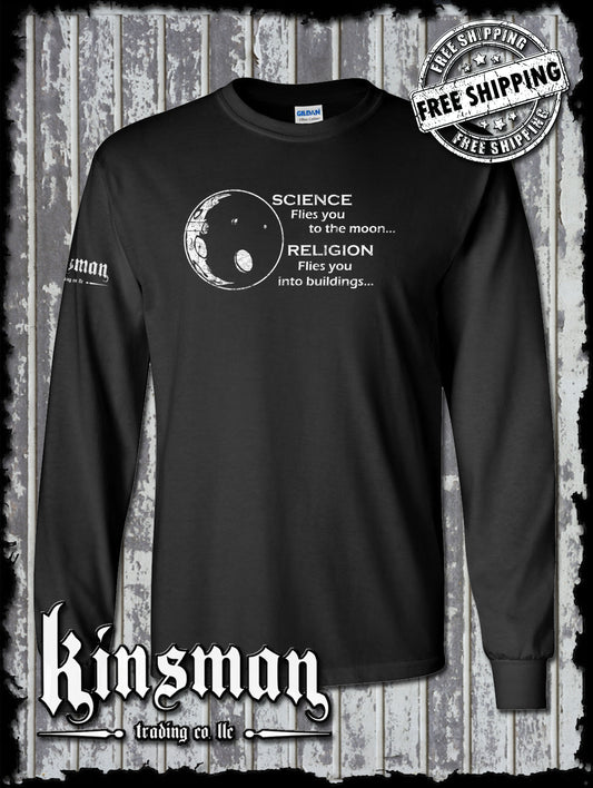 Science Flies You To The Moon Religion Into Buildings Long Sleeve T-Shirt - Atheist Agnostic