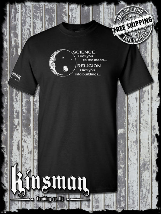Science Flies You To The Moon Religion Into Buildings T-Shirt - Atheist Agnostic