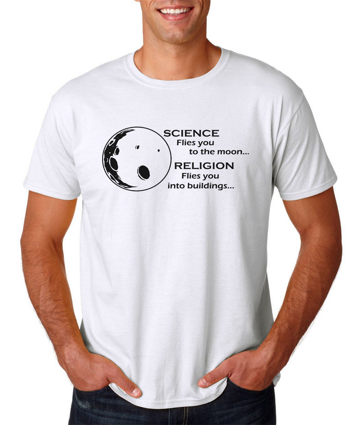 Science Flies You To The Moon Religion Into Buildings T-Shirt - Atheist Agnostic