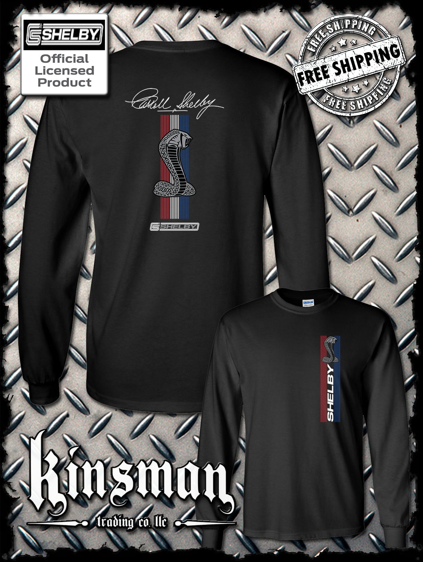 Carroll Shelby Cobra Red White Blue Stripe 2-Sided Long Sleeve T-Shirt