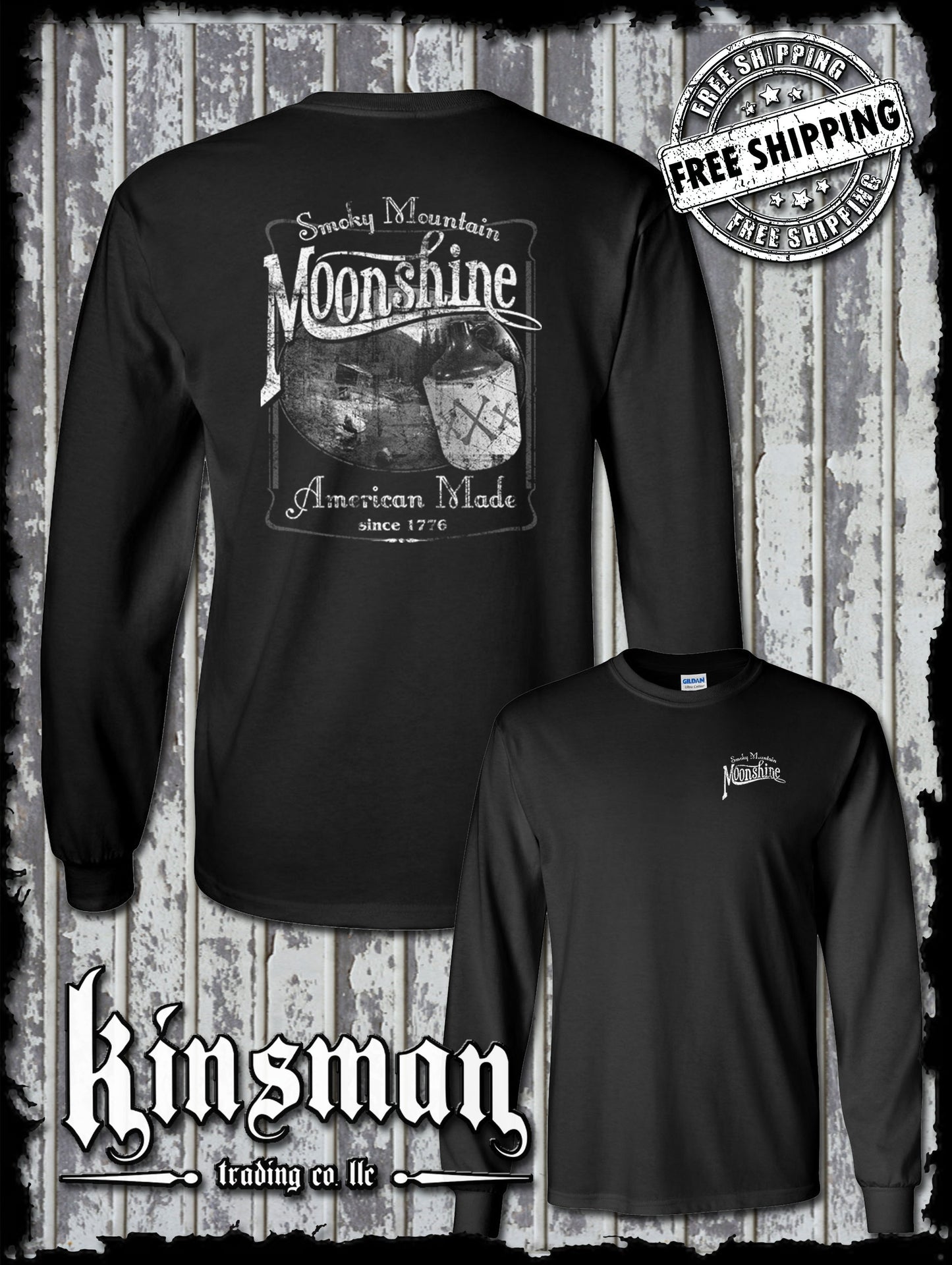 Smoky Mountain Moonshine 2-Sided Long Sleeve T-Shirt Tennessee Whiskey Since 1776