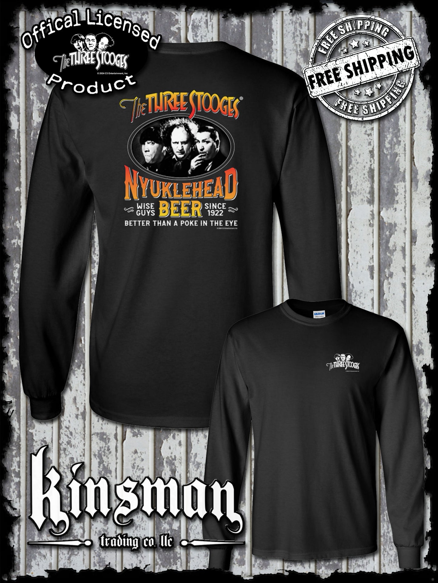 Three Stooges Nyuklehead Beer Label 2-Sided Long Sleeve T-Shirt