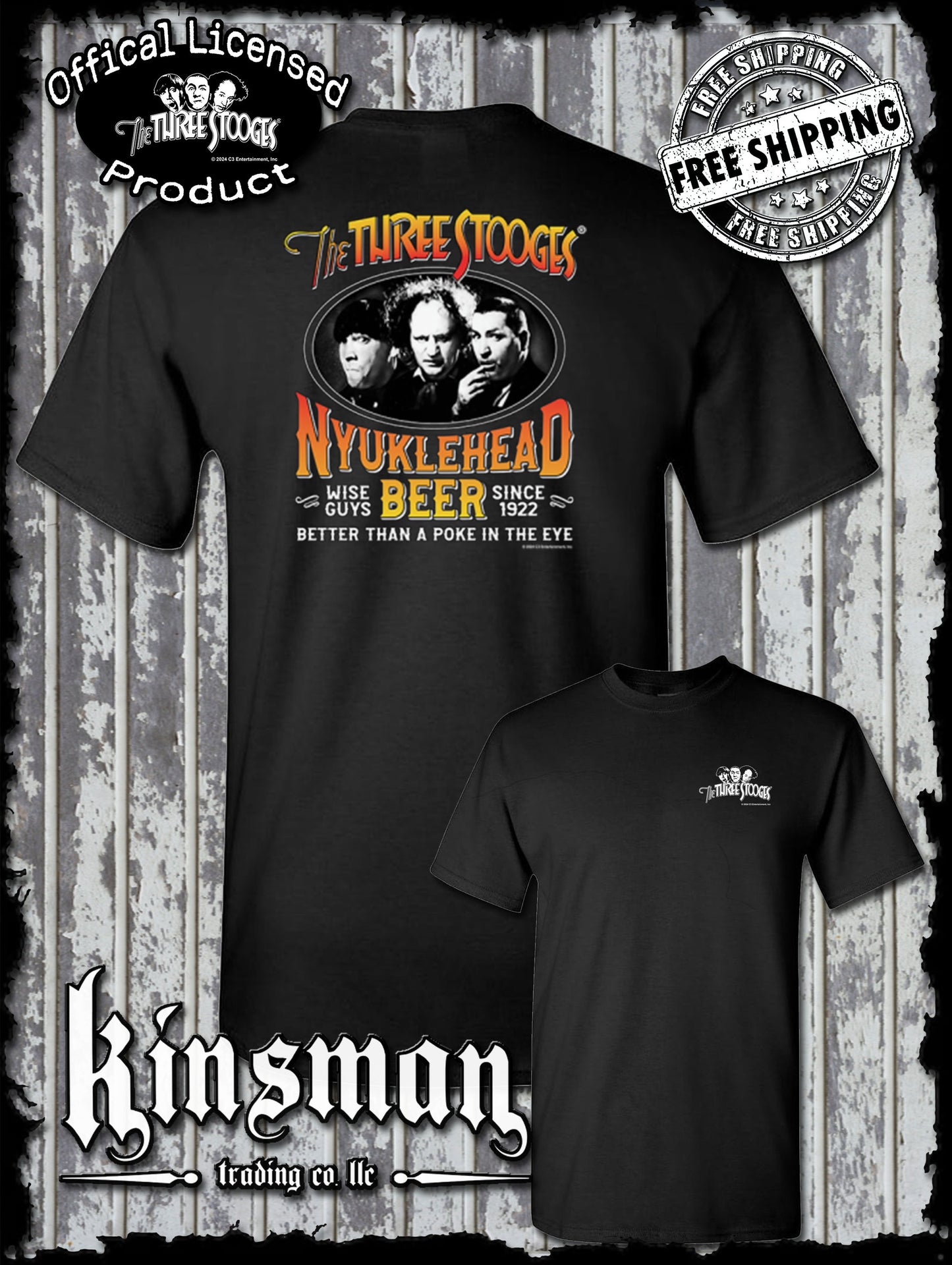 Three Stooges Nyuklehead Beer Label 2-Sided T-Shirt