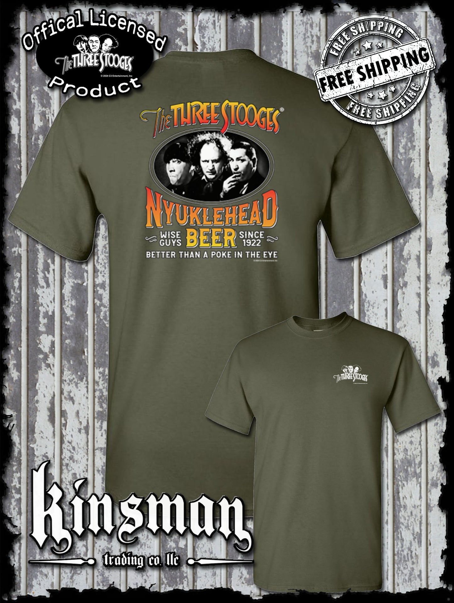 Three Stooges Nyuklehead Beer Label 2-Sided T-Shirt