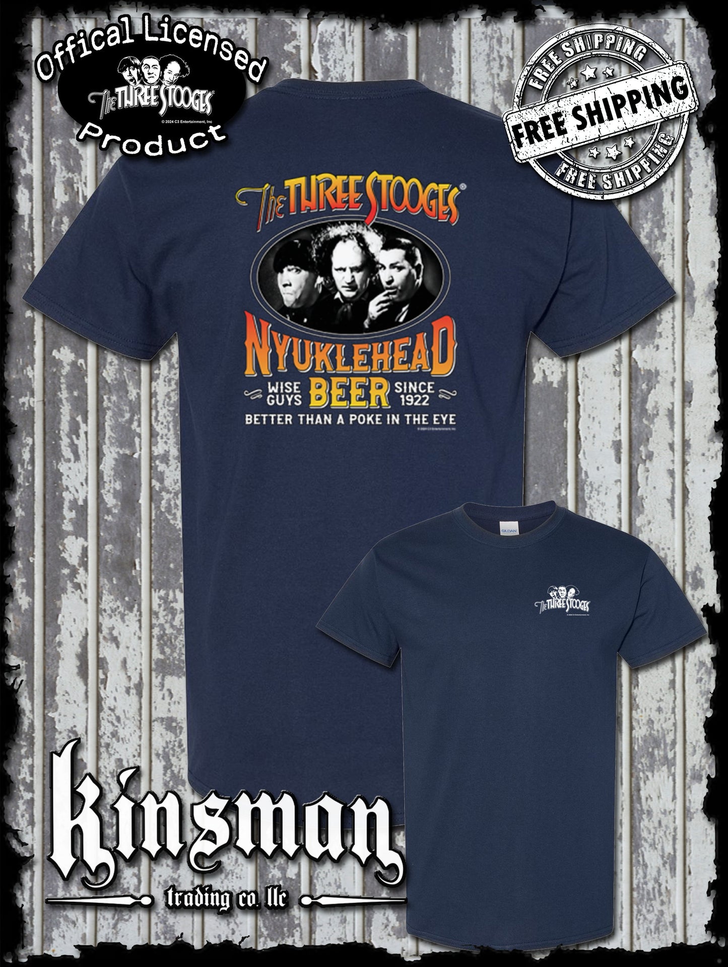 Three Stooges Nyuklehead Beer Label 2-Sided T-Shirt