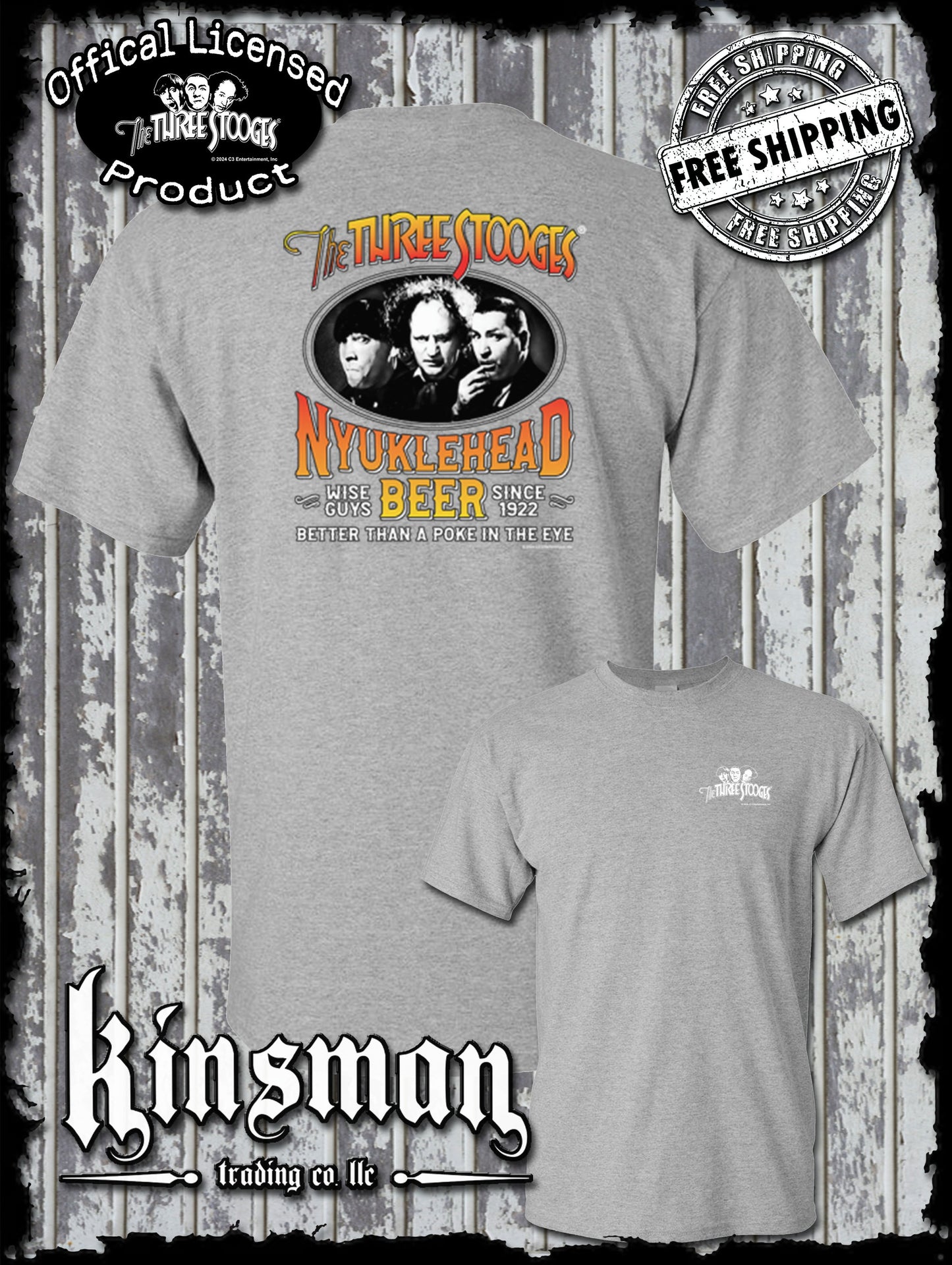 Three Stooges Nyuklehead Beer Label 2-Sided T-Shirt