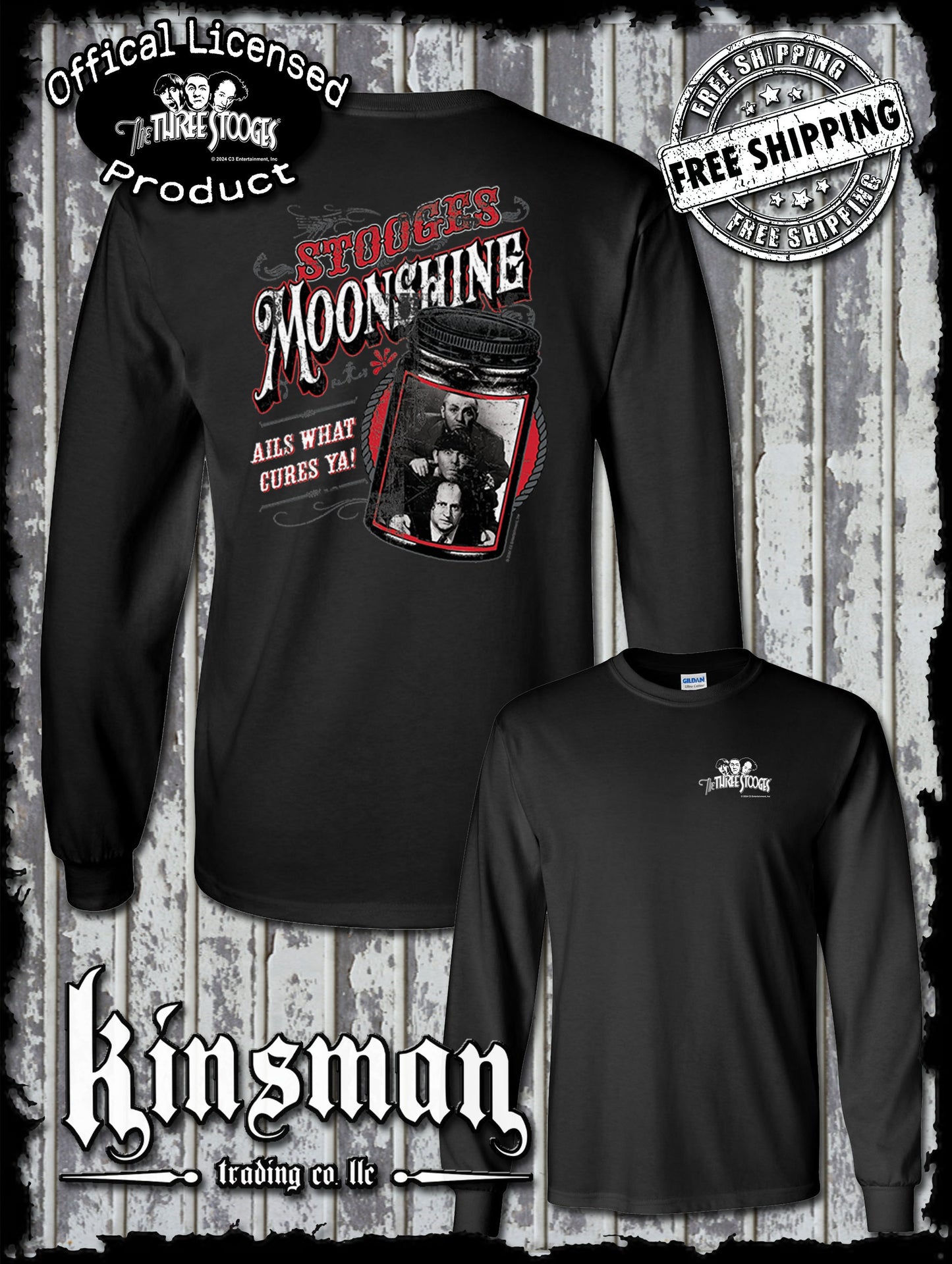 Three Stooges Moonshine 2-Sided Long Sleeve T-Shirt