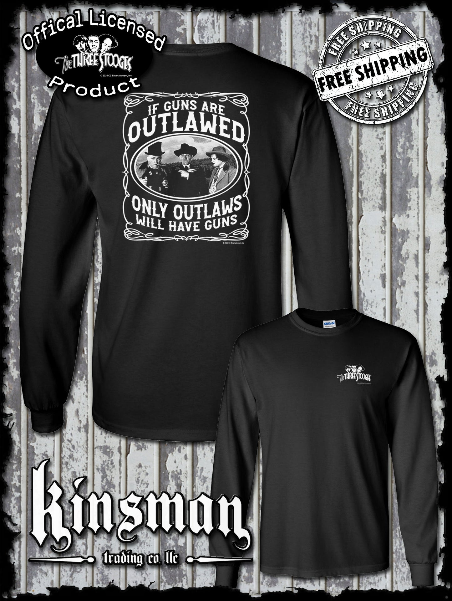 Three Stooges Outlaws 2nd Amendment 2-Sided Long Sleeve T-Shirt