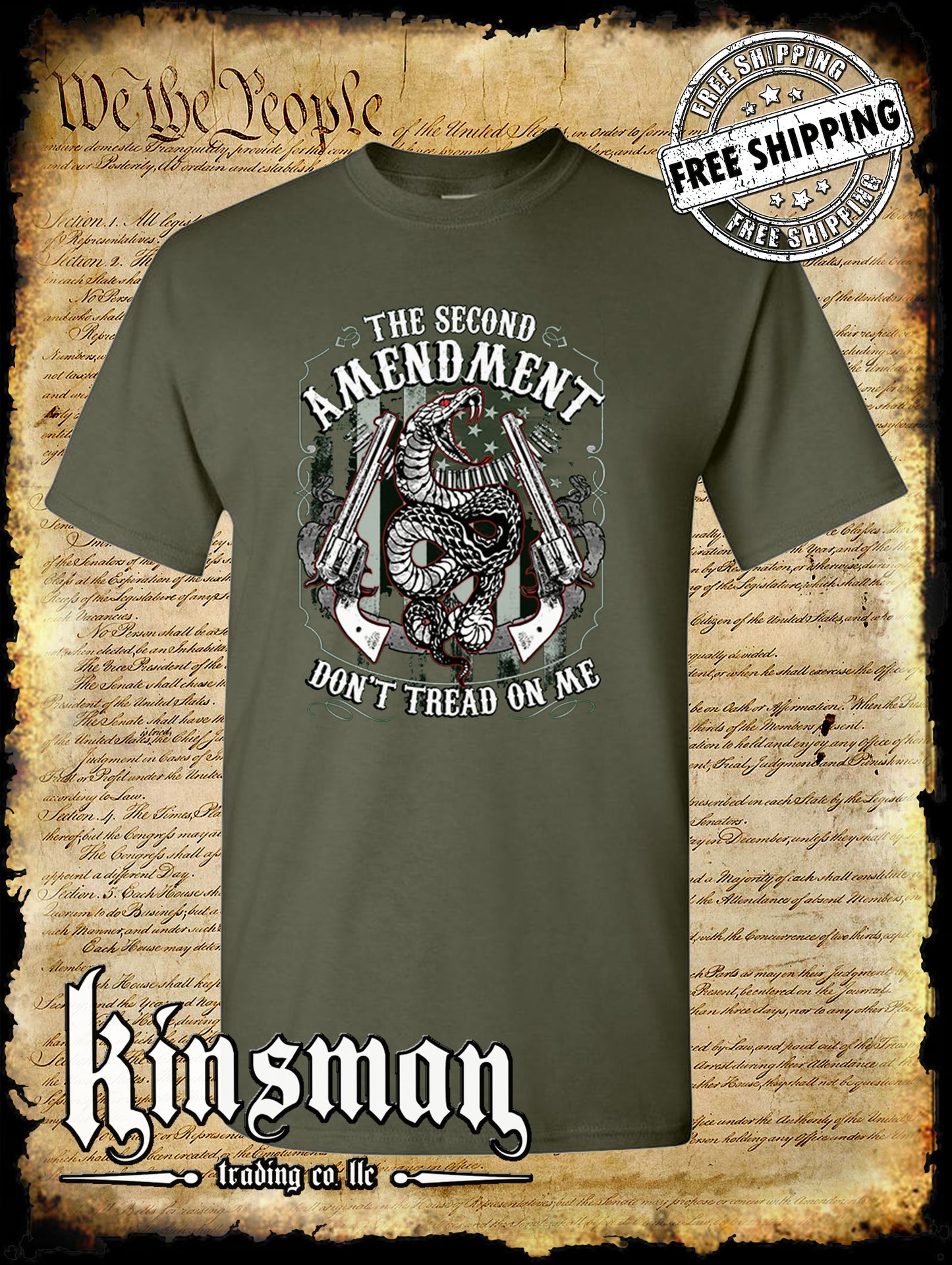 Second Amendment Don't Tread on Me Rattlesnake T-Shirt .45 Revolvers