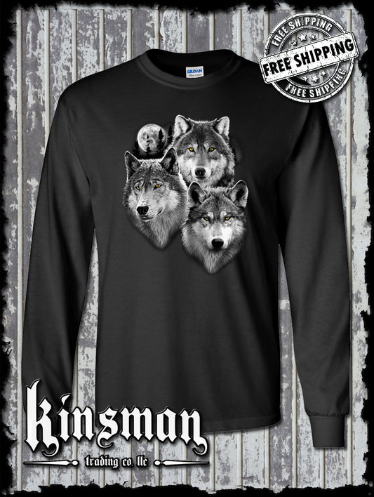 Wolves Portrait with Moon Long Sleeve T-Shirt / Wildlife Wolf Pack Indian Native American