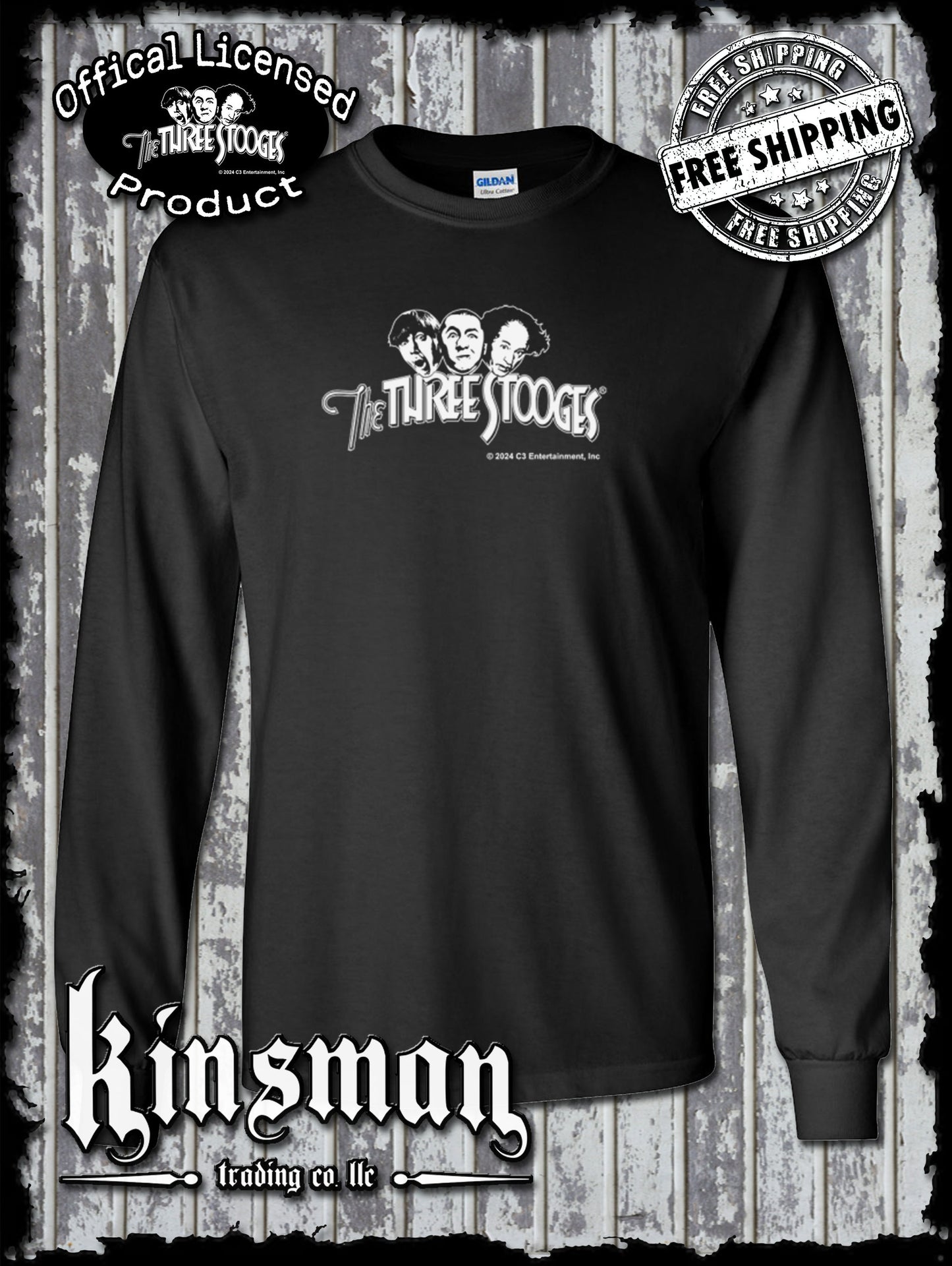 Three Stooges Classic White Logo Long Sleeve T-Shirt