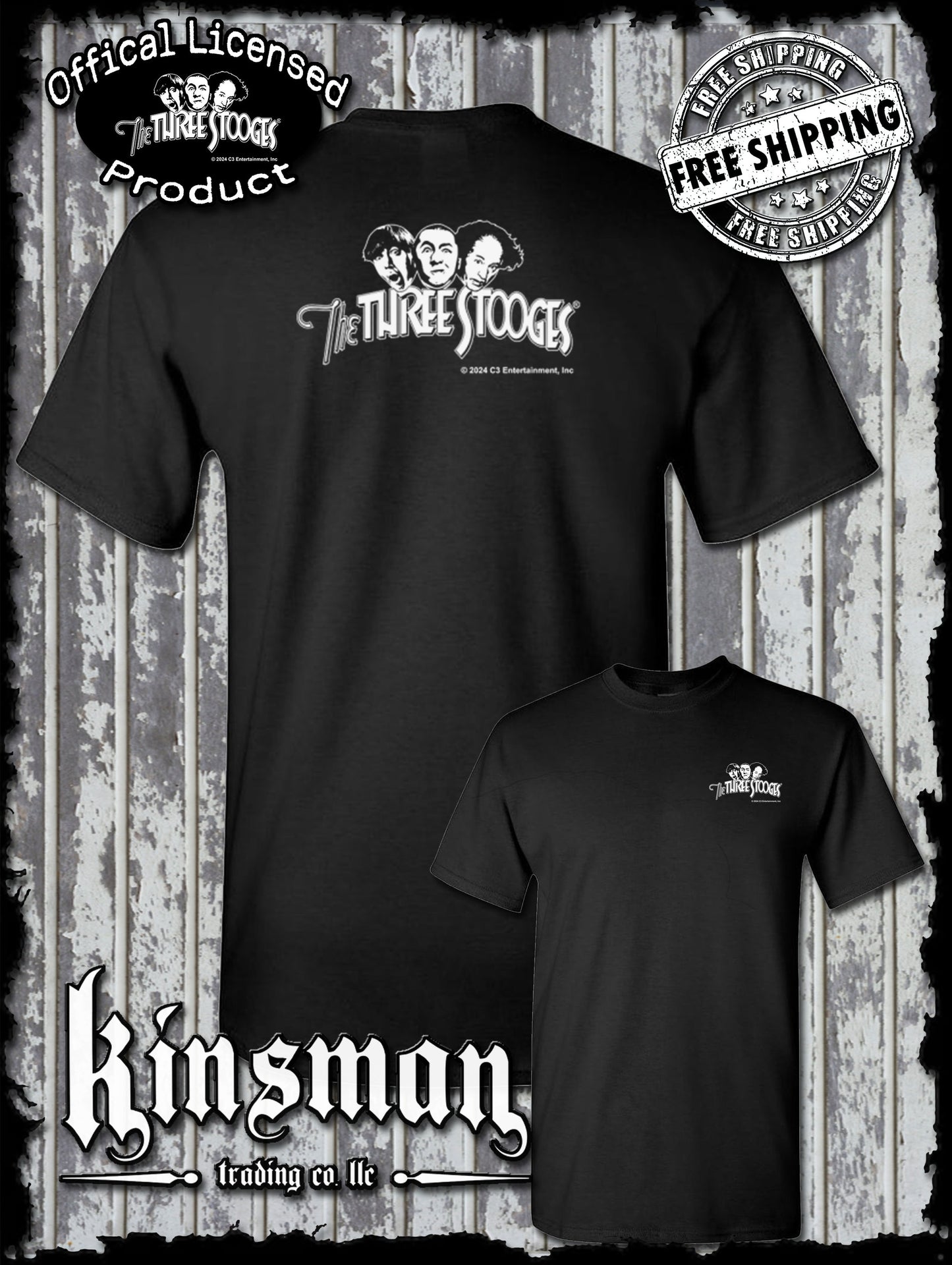 Three Stooges Classic White Logo 2-Sided T-Shirt