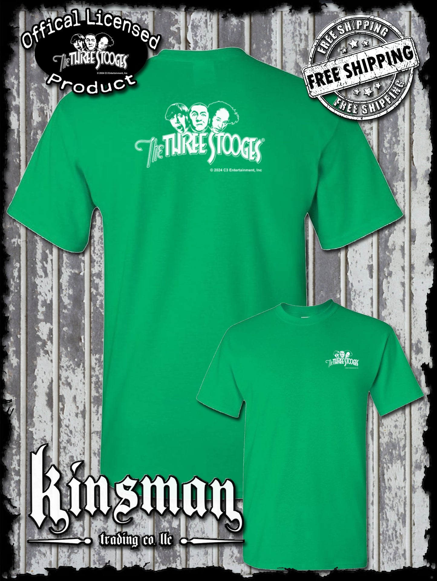 Three Stooges Classic White Logo 2-Sided T-Shirt