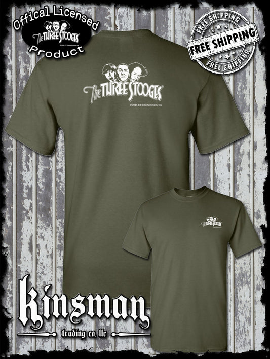 Three Stooges Classic White Logo 2-Sided T-Shirt