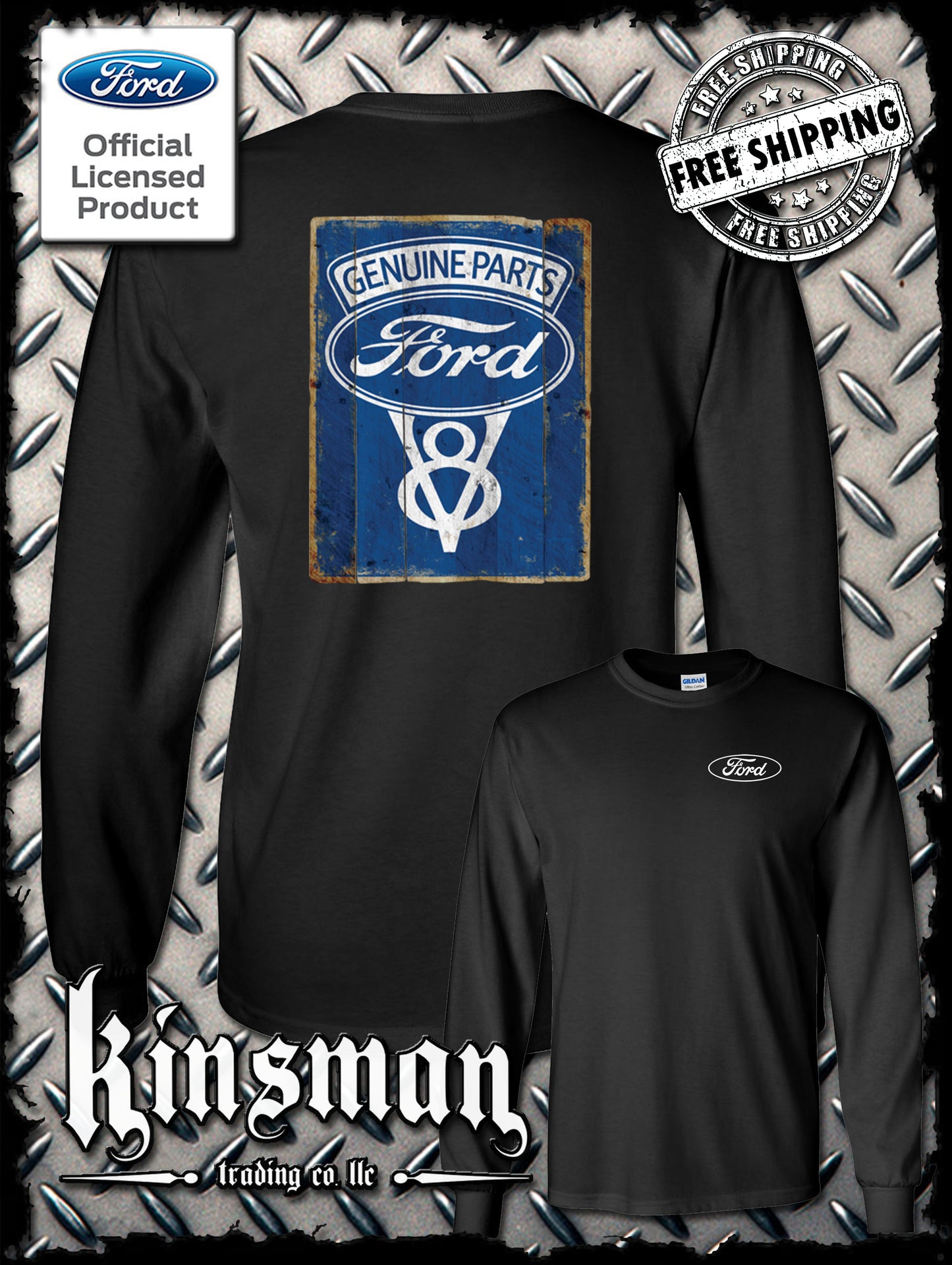 Ford Genuine Parts V8 Vintage Sign 2-Sided Long Sleeve T-Shirt - Mustang GT500 Shelby