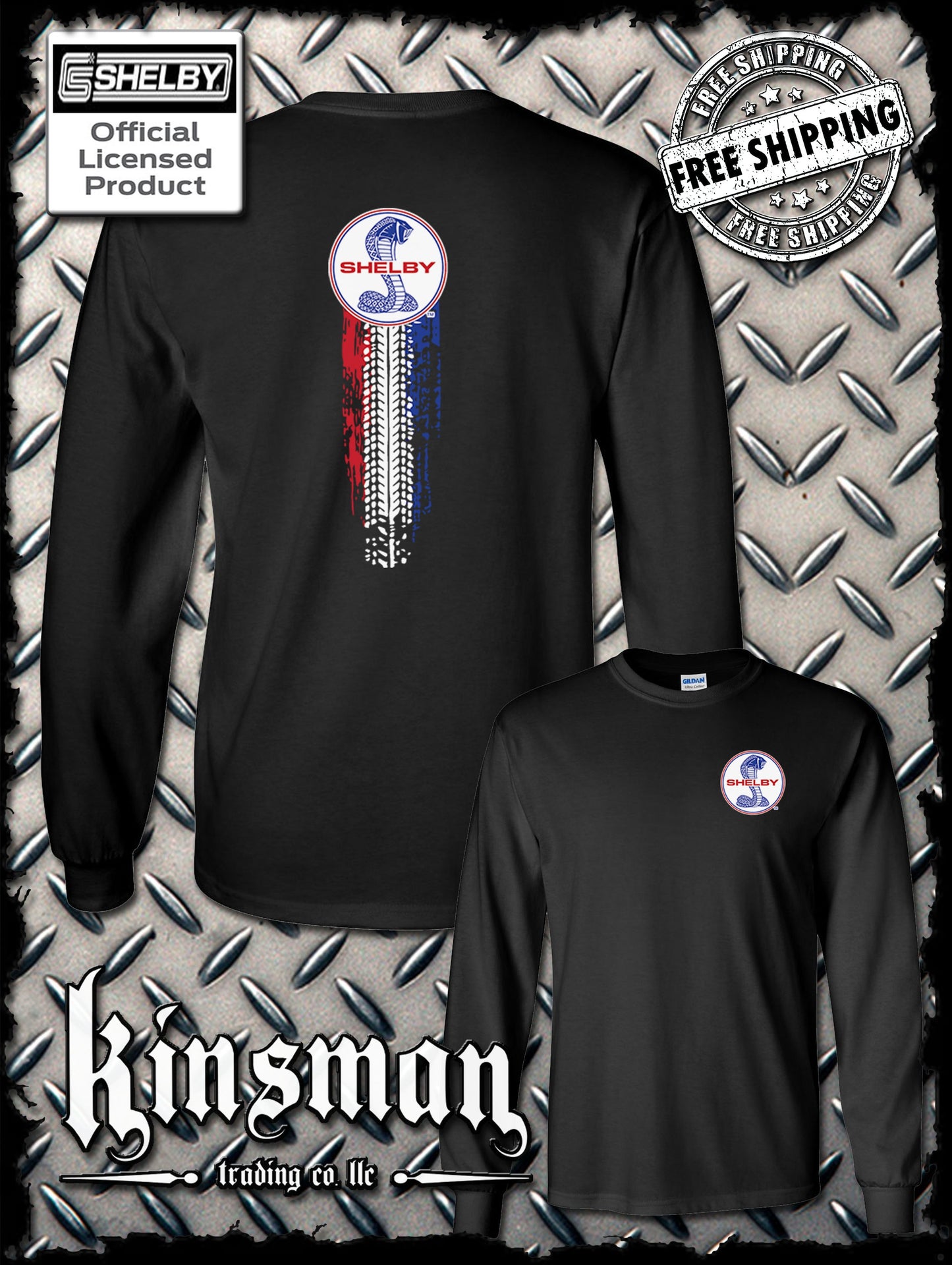 Carroll Shelby Vertical Cobra Red White Blue Logo 2-Sided Long Sleeve T-Shirt