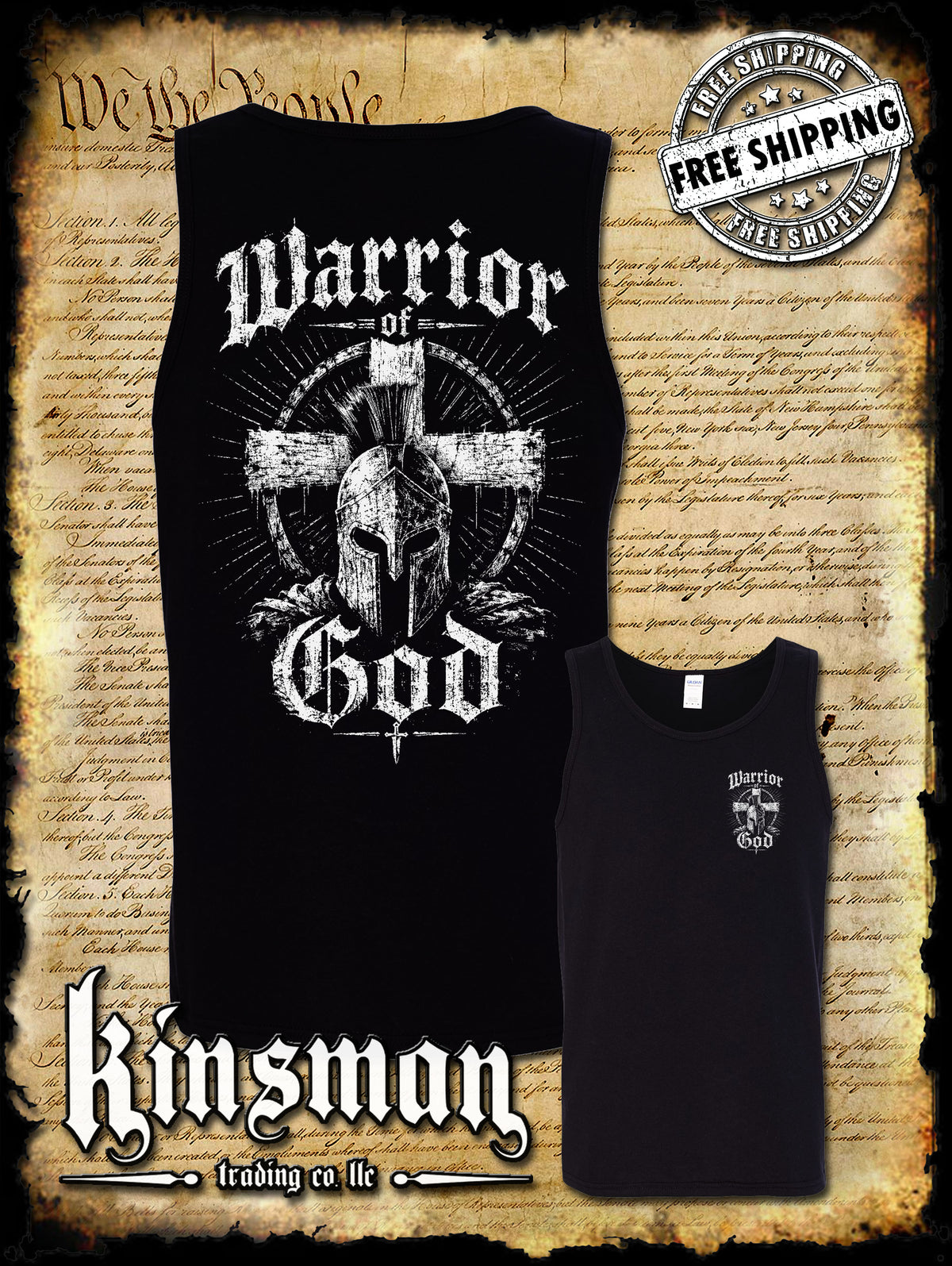 Warrior of God Tank Top T-Shirt Spartan Helmet Viking Cross