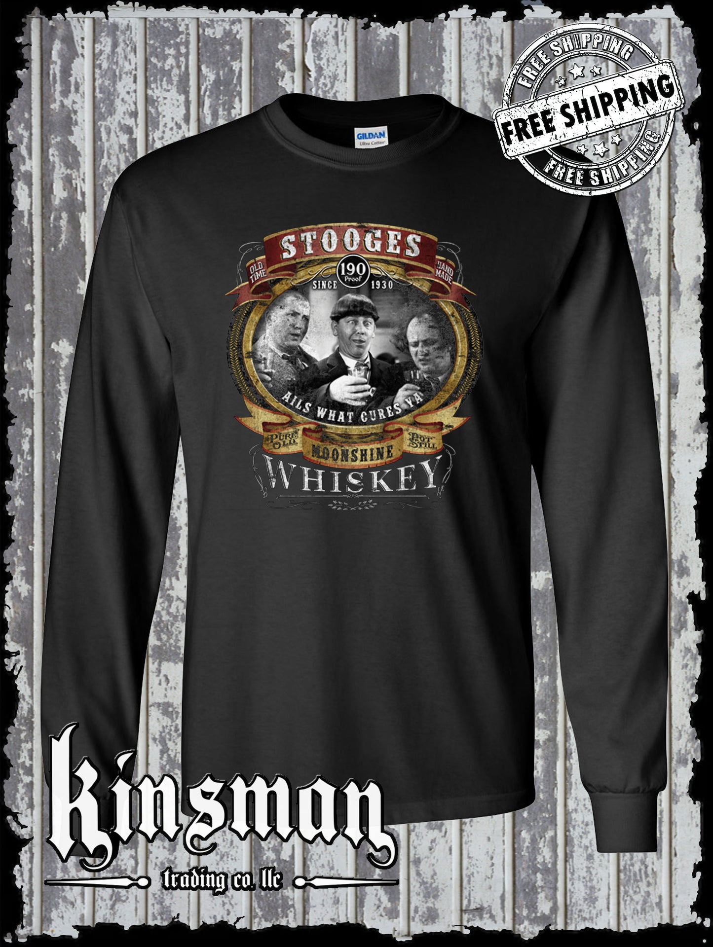 Three Stooges Whiskey Long Sleeve T-Shirt Official Licensed Curly Moe Larry Party Funny Tee