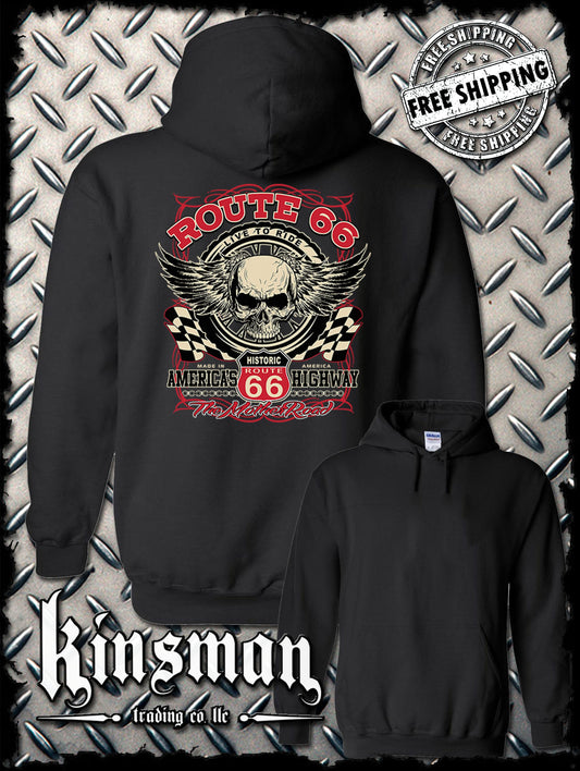 Route 66 Winged Skull Hoodie / Sweatshirt Biker