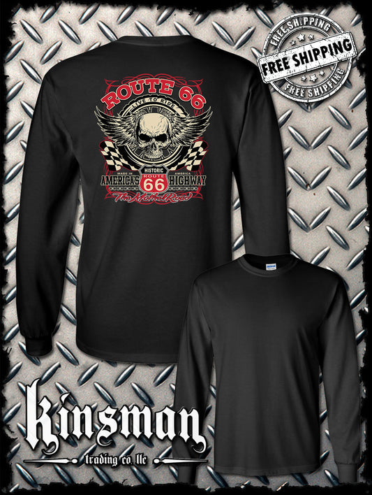 Route 66 Winged Skull Back Print Long Sleeve T-Shirt Biker