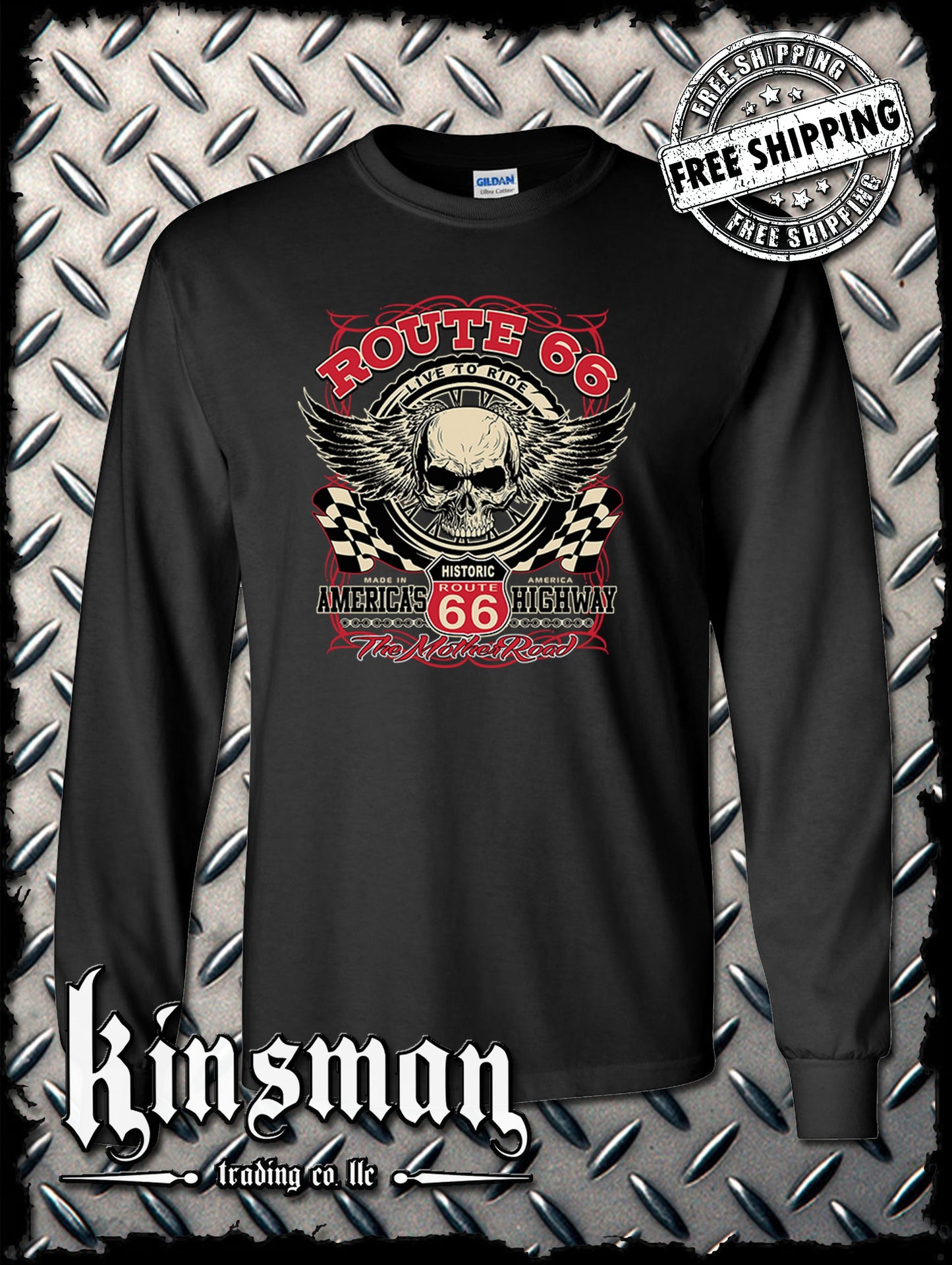 Route 66 Winged Skull Long Sleeve T-Shirt Biker