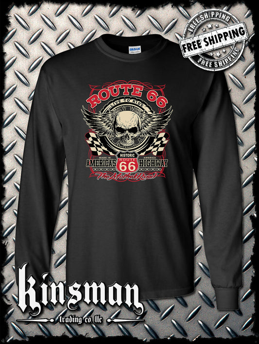 Route 66 Winged Skull Long Sleeve T-Shirt Biker