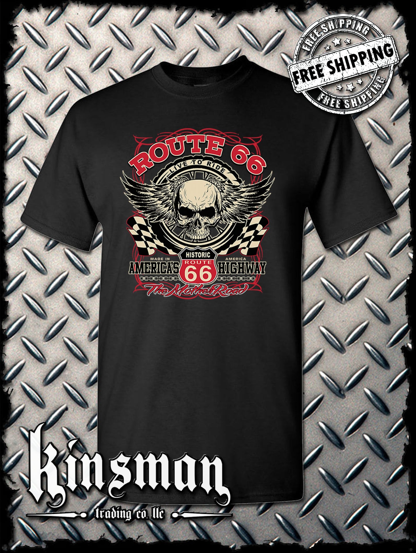 Route 66 Winged Skull T-Shirt Biker