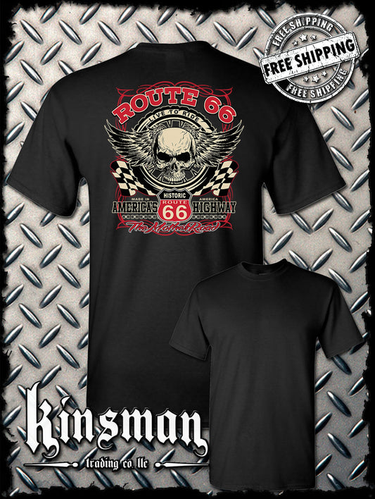 Route 66 Winged Skull Back Print T-Shirt Biker