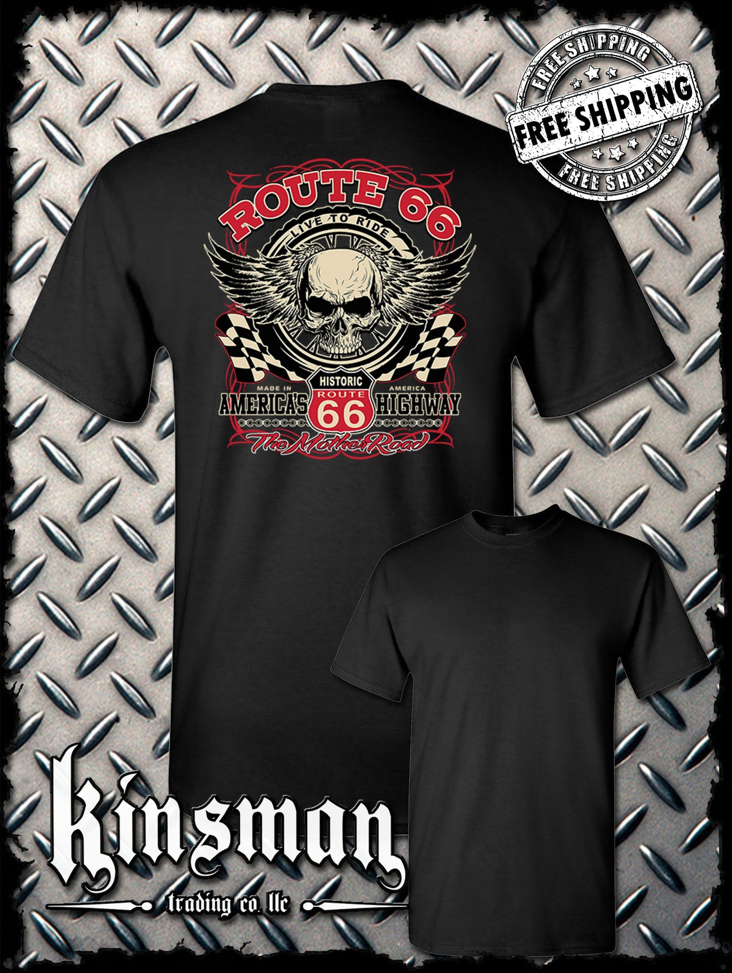Route 66 Winged Skull Back Print T-Shirt Biker