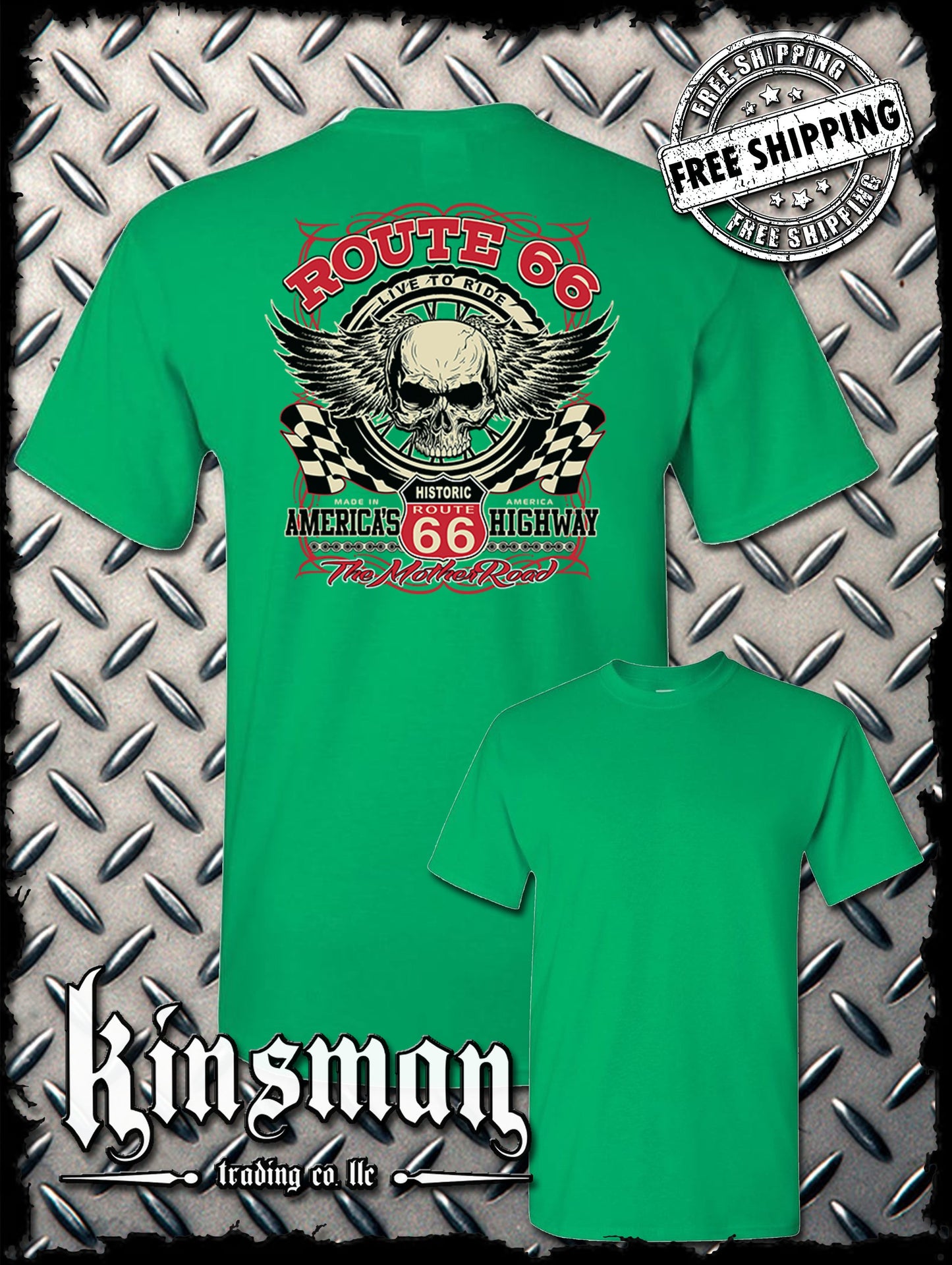 Route 66 Winged Skull Back Print T-Shirt Biker