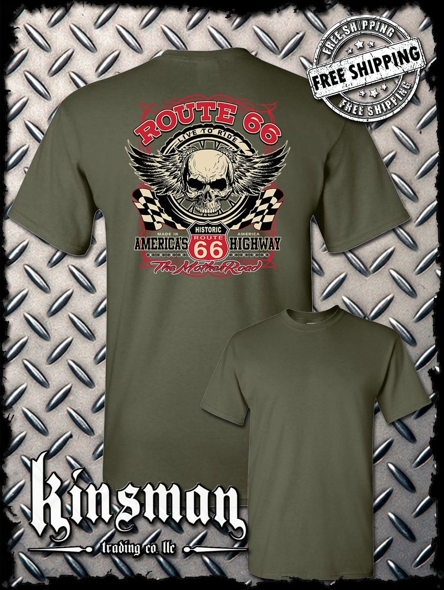 Route 66 Winged Skull Back Print T-Shirt Biker