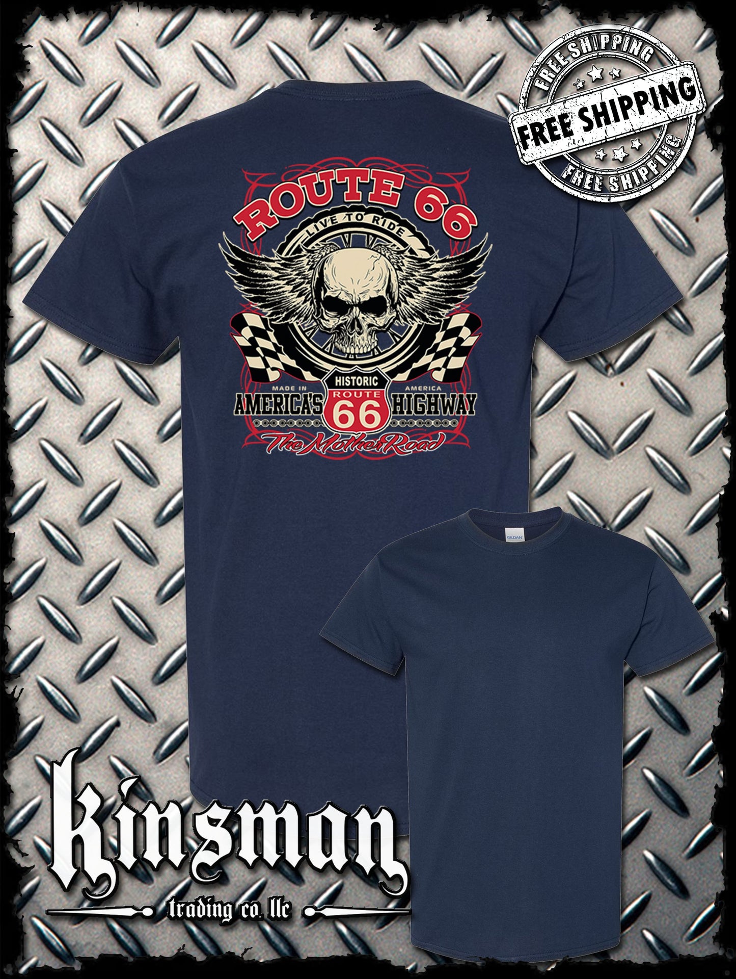 Route 66 Winged Skull Back Print T-Shirt Biker