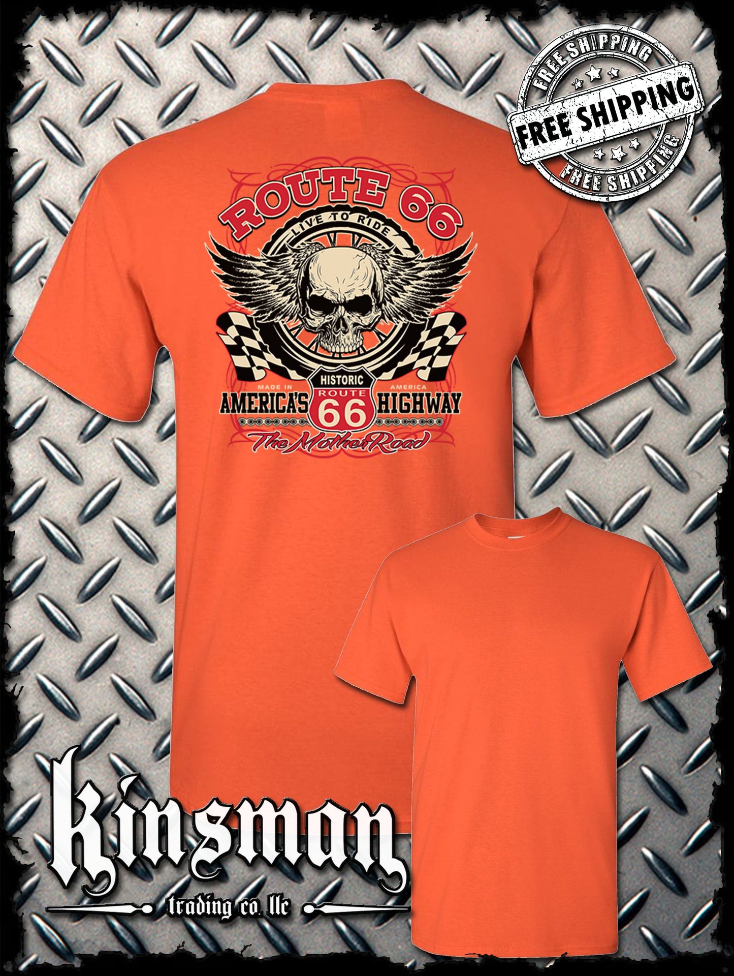 Route 66 Winged Skull Back Print T-Shirt Biker