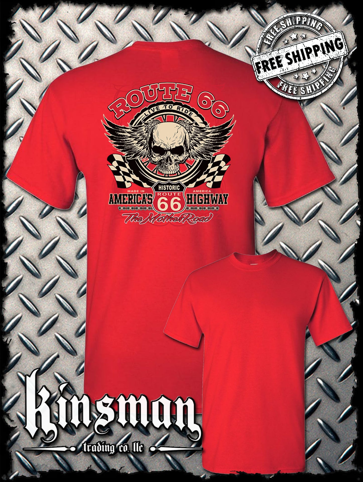 Route 66 Winged Skull Back Print T-Shirt Biker