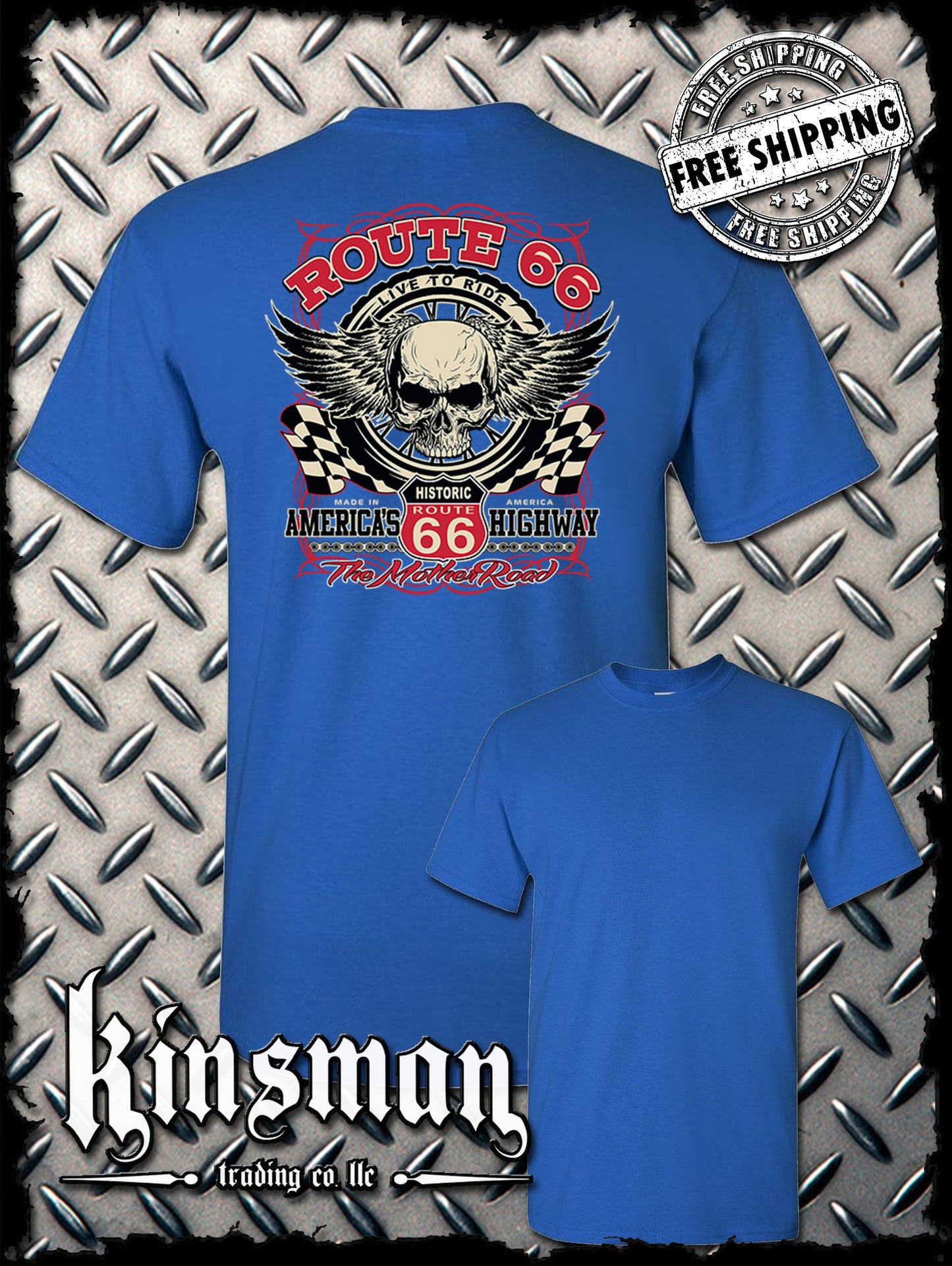 Route 66 Winged Skull Back Print T-Shirt Biker
