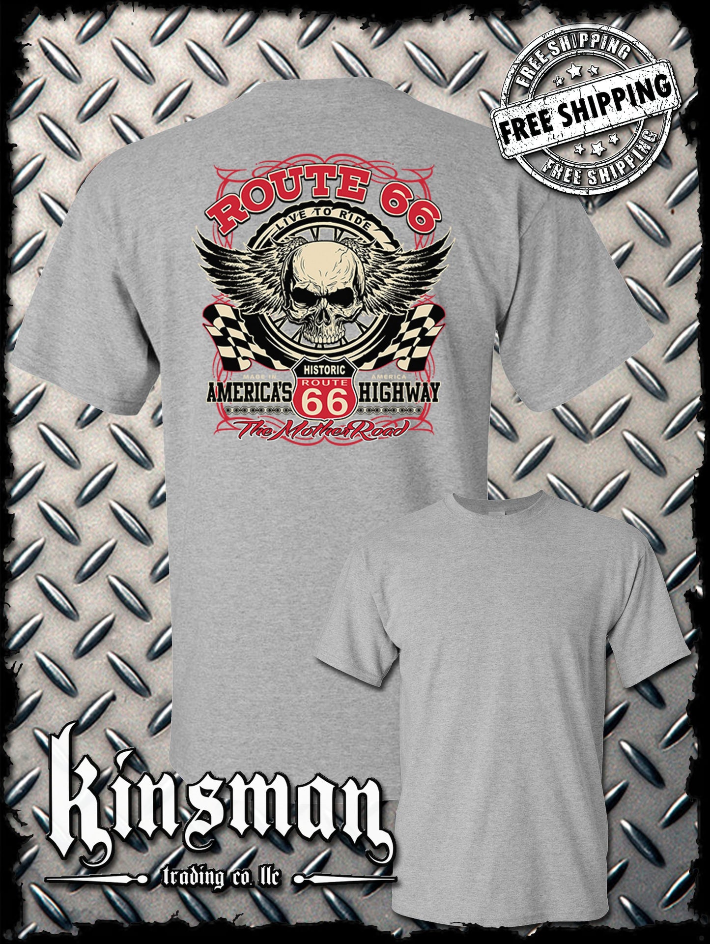 Route 66 Winged Skull Back Print T-Shirt Biker